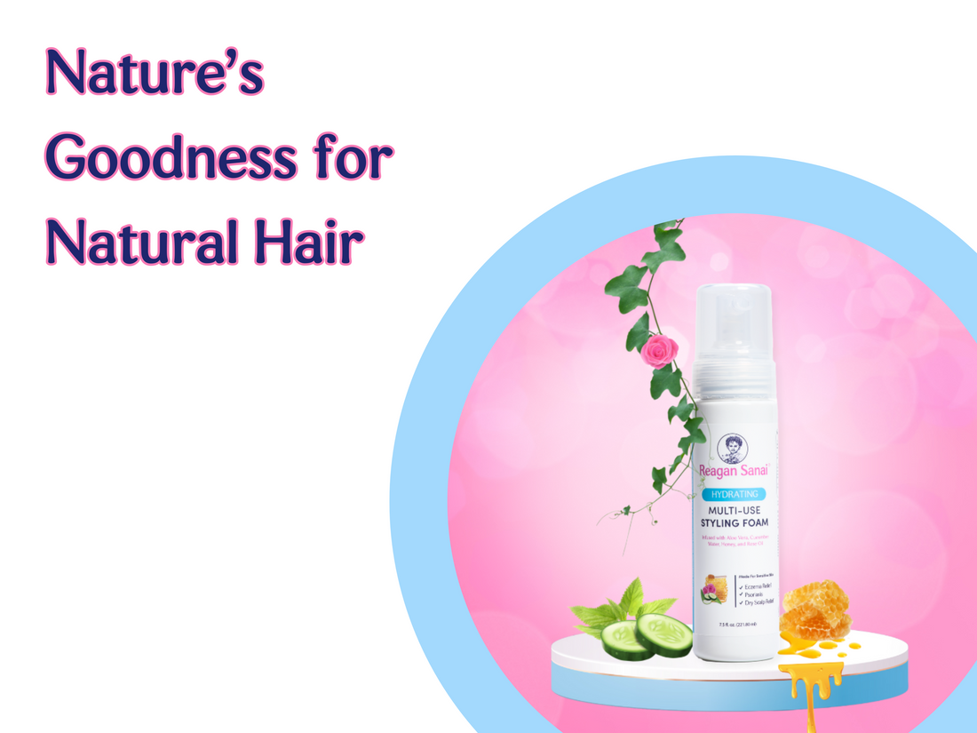 Multi-use hydrating styling foam bottle with a pump dispenser, designed to add moisture, define curls, and provide a flexible hold. The label shows a natural and eco-friendly design, emphasizing hydration and styling benefits for all hair types